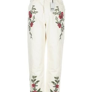 Embroidered Floral Cream Jeans
